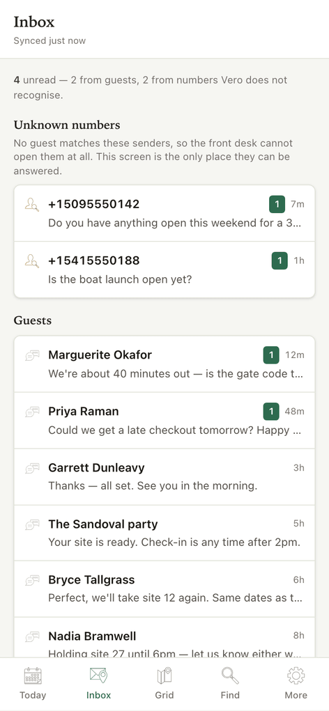 The Vero Host guest message inbox, with a section for unknown numbers above the guest threads — texts from senders that match no guest record, which the front desk cannot open at all. Sample data for an example park