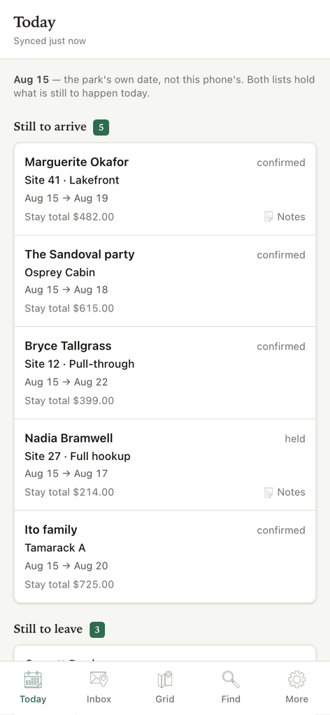 The Vero Host phone app on its Today screen: the park's own date, then the guests still to arrive and still to leave, each row showing the guest, the site, the dates and the stay total. Sample data for an example park