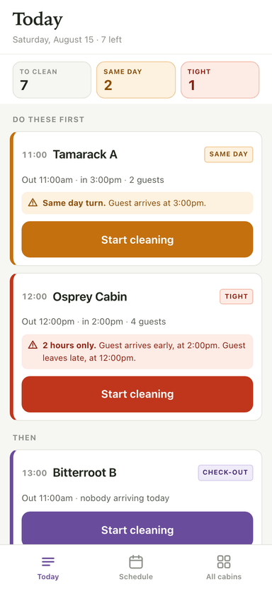 The Vero Housekeeping app showing today's worklist: cabins to turn over in order, each with its slot time, whether it is a same-day turn, how long the gap is, and one Start cleaning button. Sample data for an example park