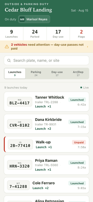 The Vero Outside Duty app showing the grounds board: counts for launches, parked vehicles, day-use passes and flags, then today's boat launches by plate with the ones that have not paid marked. Sample data for an example park