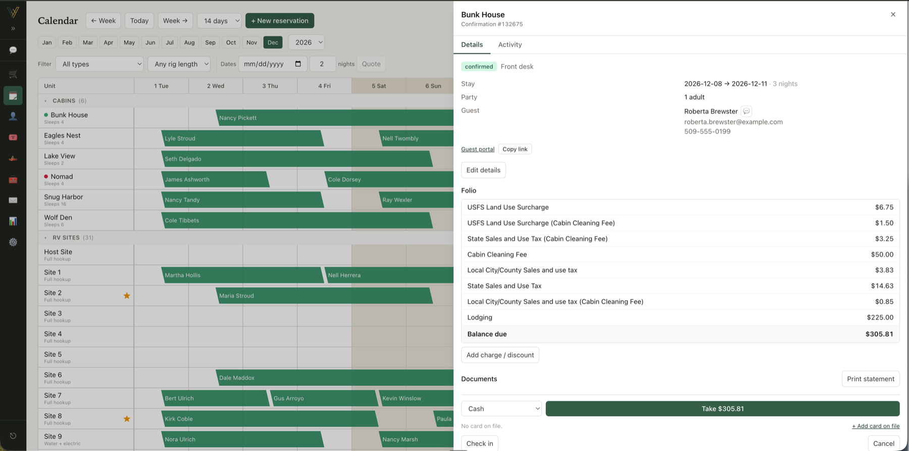 The Vero reservation calendar — cabins and RV sites on one timeline, with a booking's folio open