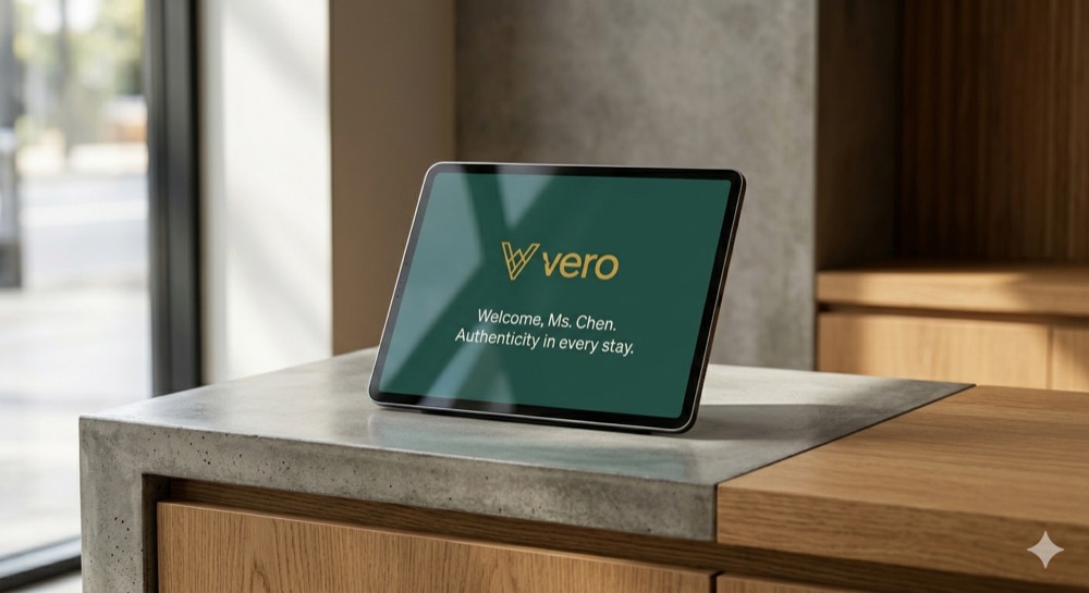 A tablet at a park check-in desk greeting a returning guest by name